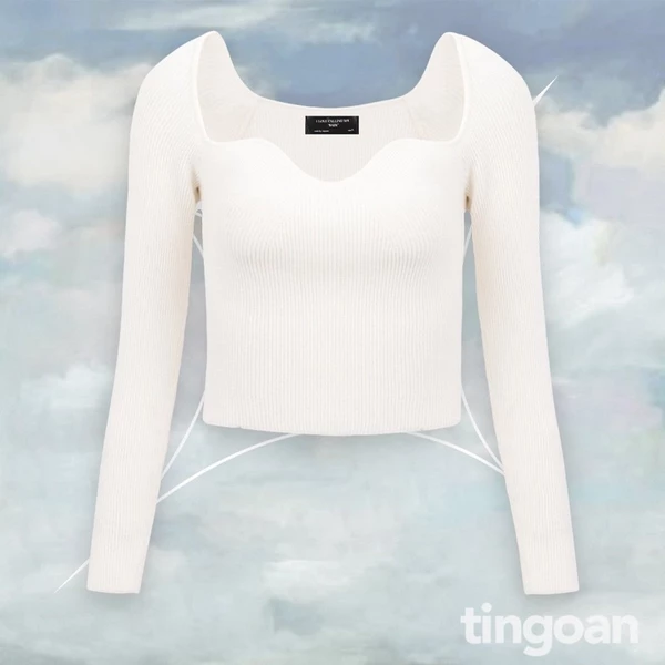 TINGOAN® - Áo len xù dài tay viền lượn cổ trắng TIFFANY TOP/WH PHIÊN BẢN T6.2026