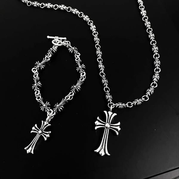 Set Dây Chuyền & Vòng Tay Chữ Thập Họa Tiết Hip Hop -FLORAL-CROSS