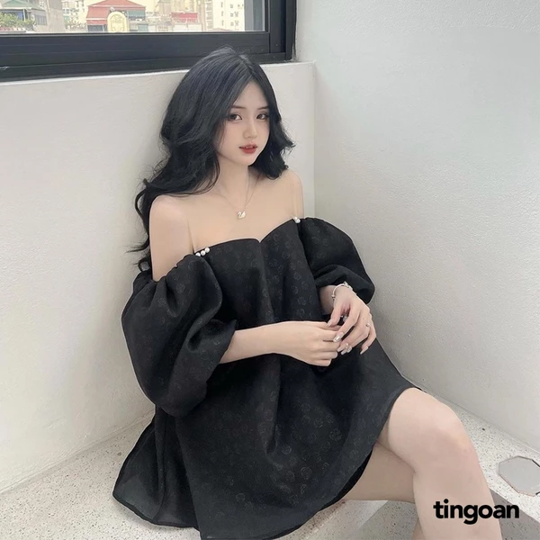 TINGOAN® - Áo trễ vai babydoll phối lưới vân hoa hồng đen 3 lớp vải ROSIE ANGLES TOP/BL