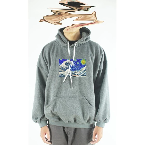 Áo khoác hoodie unisex cotton hình The Starry Night at Kanagawa (nhiều màu)