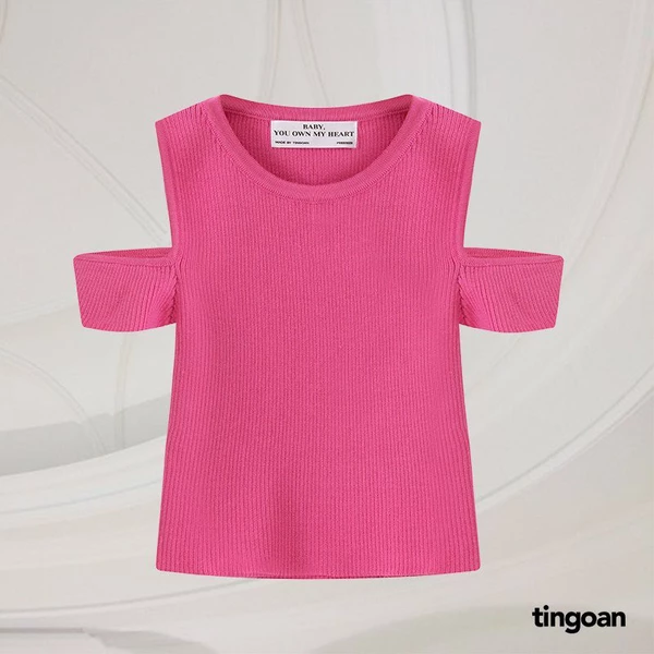 TINGOAN® - Áo len xù ngắn tay dáng lửng khoét vai hồng BE MINE TOP/PK