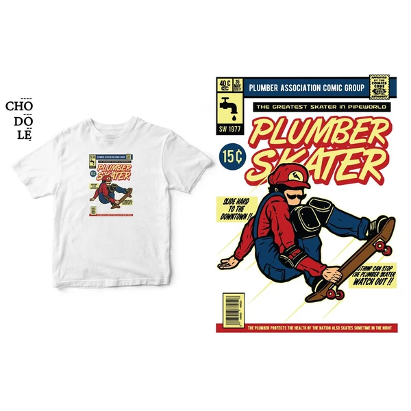 Áo thun tay ngắn unisex Chodole cho cả nam và nữ, chất liệu vải cotton in hình PLUMBER SKATER