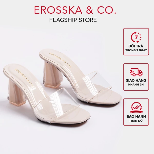 Erosska - Dép mule cao gót quai trong mũi vuông gót trong màu nude cao 9cm - EM040