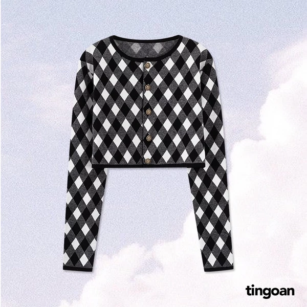 TINGOAN® - Áo cardigan len xù crop kẻ quả trám tặng kèm áo hai dây đen LOVE YOU BACK CARDIGAN/BL phiên bản T6.2026