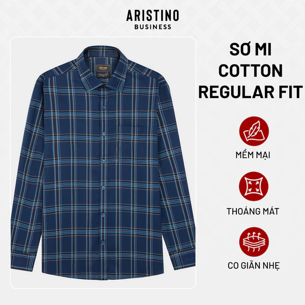 Áo Sơ Mi Nam Aristino Business Cotton Dáng Regular Fit màu xanh tím than kẻ sọc 1LS0120S3