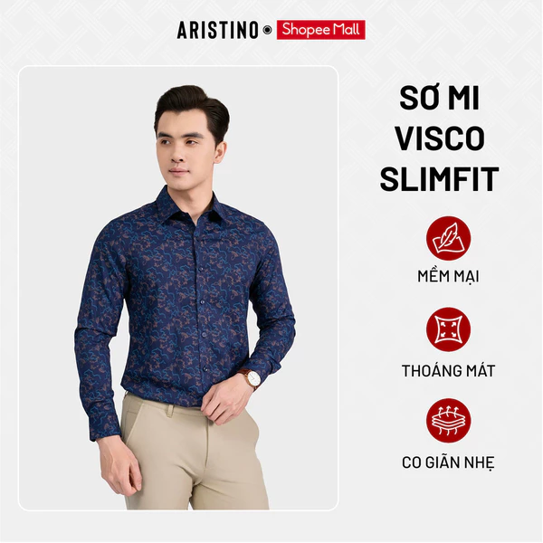 Áo Sơ Mi Nam Aristino dáng Slim Fit, thiết kế tà lượn, chất liệu sợi tre thiên nhiên ALS0870S3