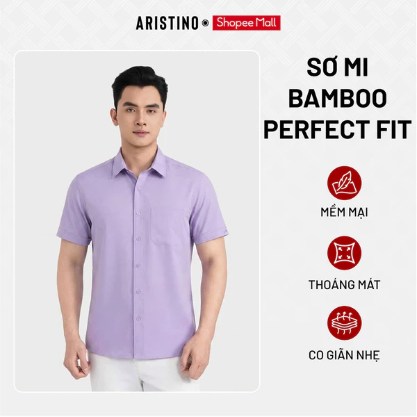 ARISTINO Áo Sơ Mi Nam Ngắn Tay Bamboo ASS144AZ Dáng Suông Rộng Màu Tím Mỏng Nhẹ Kháng Khuẩn Thoáng Mát