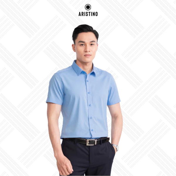 ARISTINO Áo Sơ Mi Nam Ngắn Tay Xanh ASSR35 Slim Fit Bamboo Mềm Mại Thoáng Mát Thấm Hút Co Giãn