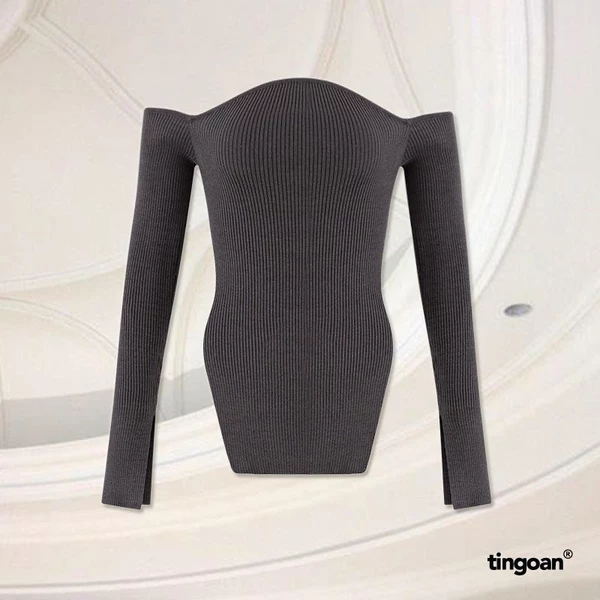 TINGOAN® - Áo len xù trễ vai lượn viền ngực xẻ vạt thân và tay xám KISS ME AGAIN TOP/GR