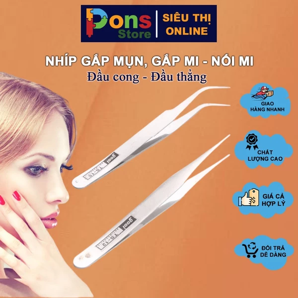 Nhíp gắp mụn, gắp mi - nối mi hai loại đầu thẳng và đầu cong - PON06