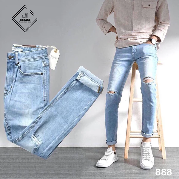 Quần jean nam dài, quần bò nam màu xanh nhạy rách 2 gối chất co dãn thoải mái hàng y hình