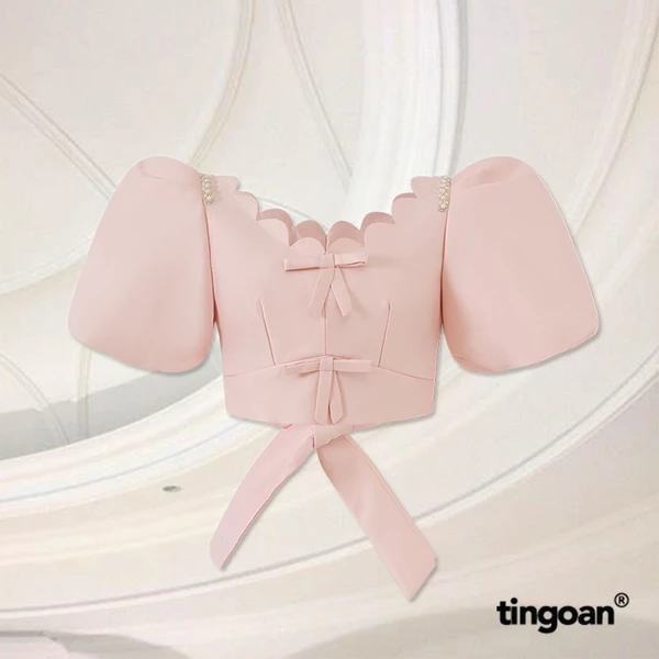 TINGOAN®  - Áo croptop tafta thiết kế điệu tay bồng nơ lưng hồng LOVE LINER TOP/PK