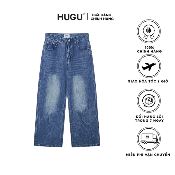 Quần jean dài ống rộng nam màu xanh được wash nhẹ phần đùi Lousei thương hiệu HUGU chuẩn form cứng cáp không đổ lông