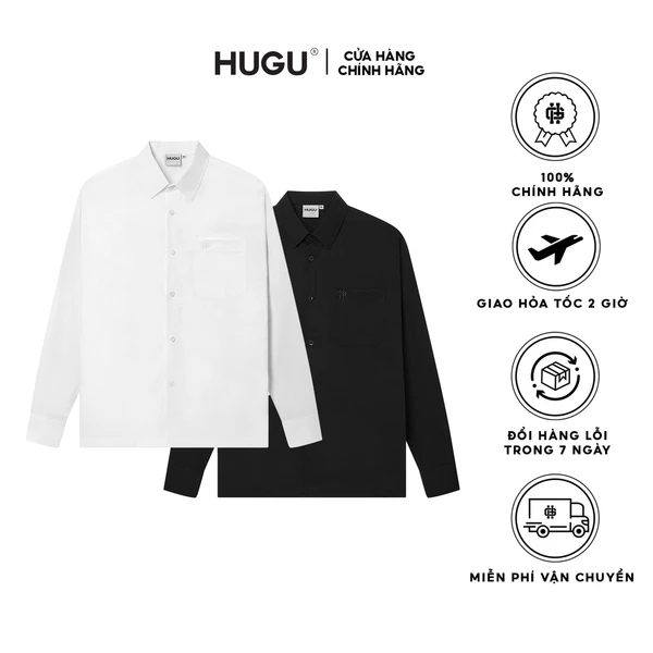 Áo sơ mi tay dài thêu logo HUGU - BASIC LONG SLEEVE SHIRT - Chất vải ford kate cao cấp thoáng mát - unisex