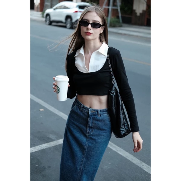 RUBIES Lys Top - Áo Kiểu Nữ Vải Thun Phối Kate Dáng Ngắn Croptop Tay Dài Cổ Bẻ