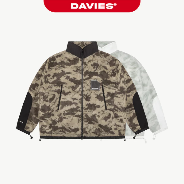 Áo khoác lông cừu họa tiết camo DAVIES cổ trụ phối viền kèm lót dù logo su hiphop zipper Fleece Zip-Up Jacket| D-AK16