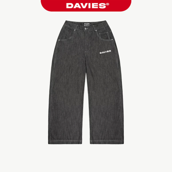 Quần jean ống rộng nam nữ DAVIES hoạ tiết thêu chữ chỉ nổi đậm chất hiphop màu đen Original Denim Pants | D-Q8