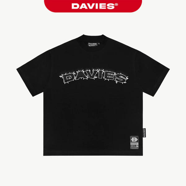 Áo phông rộng nam nữ in chữ DAVIES hoạ tiết gai màu đen phong cách hiphop đường phố tay lỡ Prickly Tee | D-T33