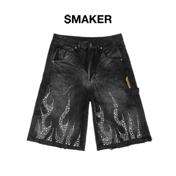 [SMAKER] Quần baggy jeans lửng đen xám đính đá hoạ tiết lửa - DIAMOND FLAME WASHED BAGGY SHORT IN GREY