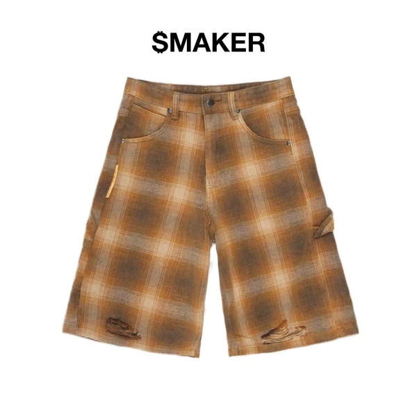 [SMAKER] Quần baggy lửng sọc  ca rô màu nâu vàng vải washed - PLAID WASHED BAGGY SHORT