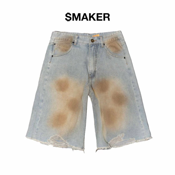[SMAKER] Quần đùi jeans lửng màu xanh washed - DISTRESSED WASHED BAGGY JEANS IN DIRT