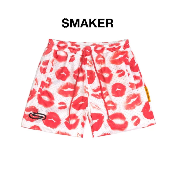 [SMAKER] Quần đùi ngắn in hình môi đỏ vải lưới màu trắng - THE KI$ MESH SHORT IN WHITE