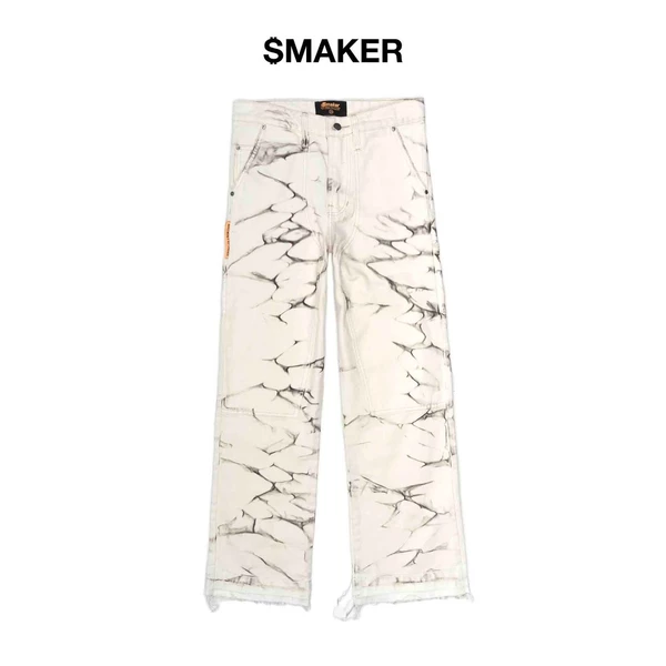 [SMAKER] Quần jeans dài màu trắng hoạ tiết vân - WAVY WASHES DOUBLE KNEES PANTS IN WHITE