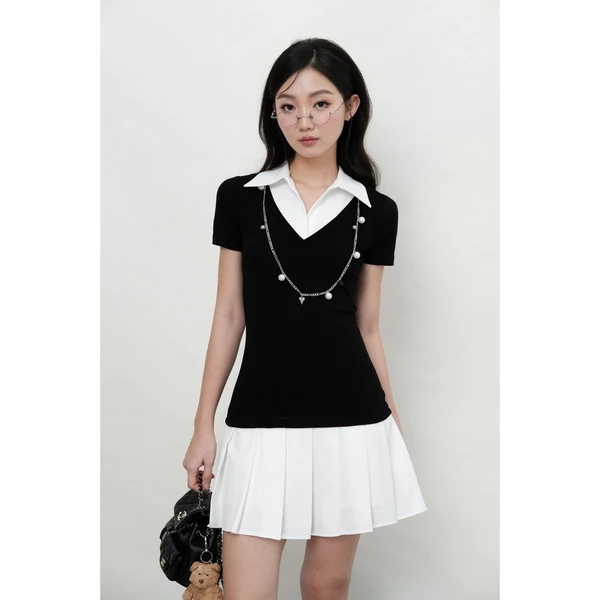 RUBIES Hachi Dress - Đầm Ngắn Nữ Vải Thun Phối Kate Dáng Tùng Xoè Xếp Ly Tay Ngắn Cổ Bẻ