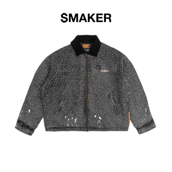 [SMAKER] Áo khoác form boxy màu xám đính đá lấp lánh - $MAKER $TUDIO $WAROVSKI WASHED WORKER JACKET IN GREY