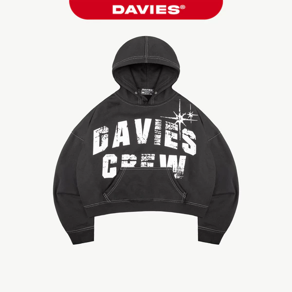 Hoodie nam nữ mũ to nút bấm DAVIES nỉ cào thiết kế hình in lụa phối chỉ nổi form rộng màu đen Highlight Hoodie | D-HD2