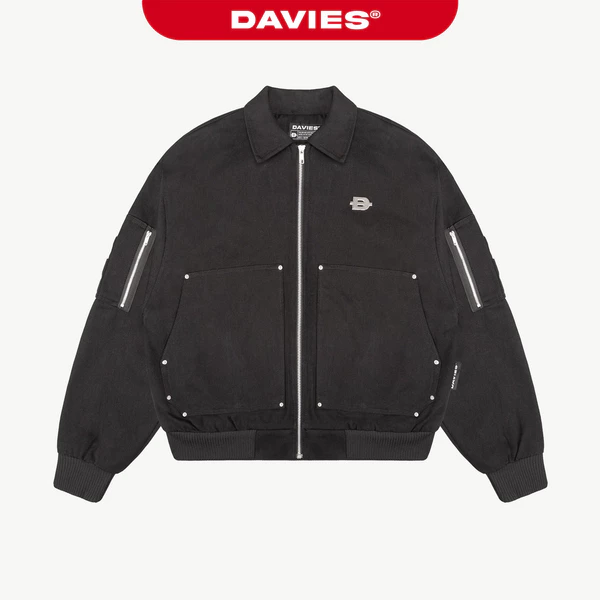 Áo khoác bomber nam nữ chất kaki DAVIES cổ bẻ hoạ tiết đính nút kim loại logo inox màu đen Ragnarok Jacket | D-AK23