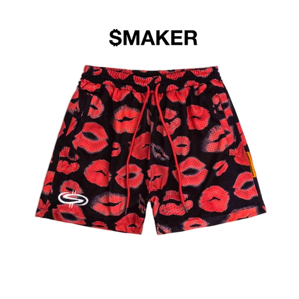 [SMAKER] Quần đùi ngắn in hình môi đỏ vải lưới màu đen- THE KI$ MESH SHORT IN BLACK