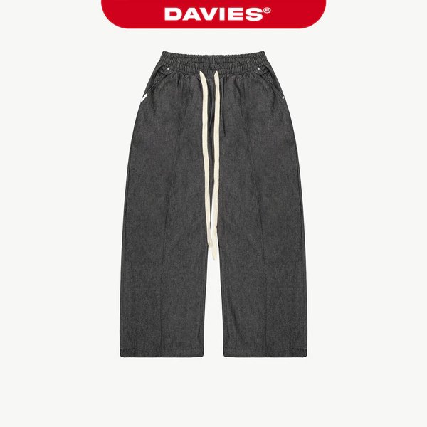 Quần jean ống rộng lưng chun thắt dây DAVIES thiết kế phối viền chỉ đính nút bạc màu đen Denim Piping Pants | D-Q11