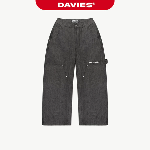 Quần jean Double Knee ống rộng hiphop đính nút kim loại DAVIES hai mặt màu đen Rivalry Denim Pants | D-Q9