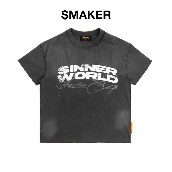 [SMAKER] Áo thun unisex màu xám 100% cotton washed - SINNER WORLD WASHED TEE IN GREY