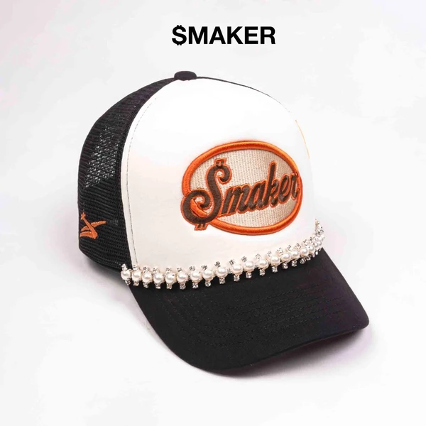 [SMAKER] Nón mũ lưỡi trai đính hạt ngọc trai lấp lánh chất liệu lưới màu đen - $MAKER PEARL TRUCK HAT IN BLACK