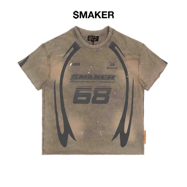 [SMAKER] Áo thun unisex in chữ vải 100% cotton washed màu nâu - RACING 68 WASHED TEE IN BROWN