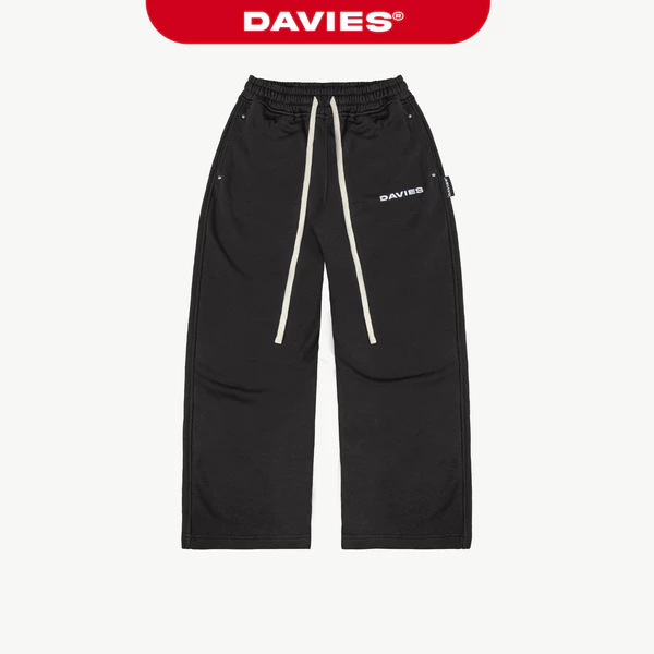 Quần ống rộng nỉ dài thêu logo 4 nút DAVIES dây rút màu đen thiết kế 2 túi sau Original Track Pants| D-Q5