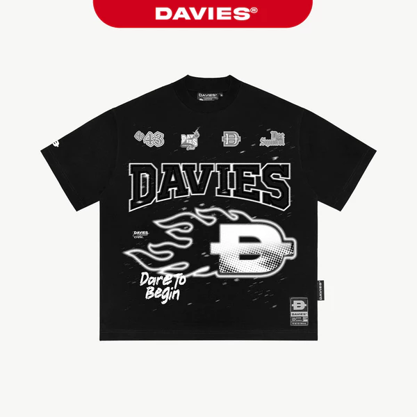 Áo thun đen nam nữ in họa tiết DAVIES mặt trước form rộng tay lỡ cotton thoáng mát Ember Drift Tee| D-T21
