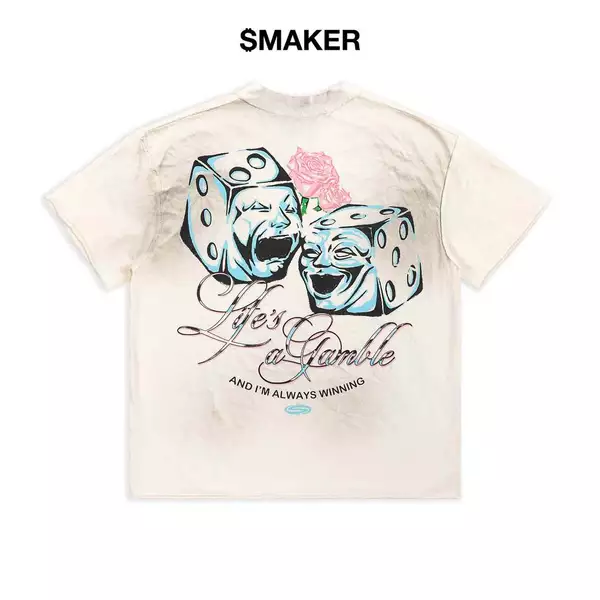 [SMAKER] Áo thun nam nữ 100% cotton in hình màu trắng - LIFE IS A GAMBLE WASHED TEE IN CREAM