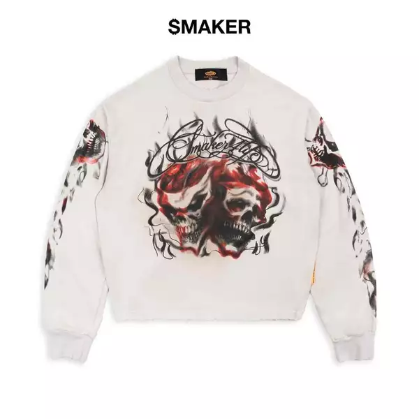 [SMAKER] Áo sweater màu trắng kem in hình đầu lâu - $4L SKULLS SWEATER IN CREAM