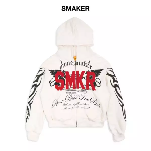 [SMAKER] Áo khoác zip dây kéo in hình màu trắng có mũ 100% cotton - DIE RICH HOODIE IN WHITE