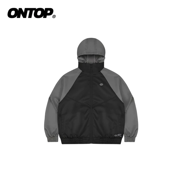 Áo khoác gió nam có mũ tháo rời ONTOP chống nắng, trượt nước 2 lớp màu đen phối xám Convertible Jacket | O-AK14-D