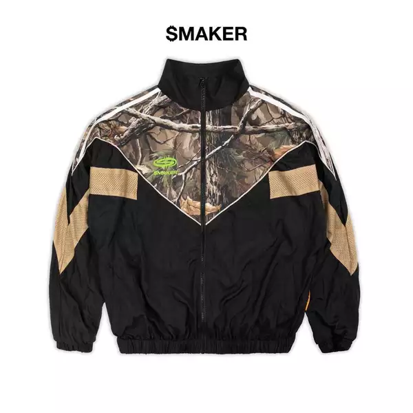 [SMAKER] Áo khoác dù vải nylon nhăn màu đen cổ cao kiểu thể thao - LEAF CAMO JACKET IN BLACK