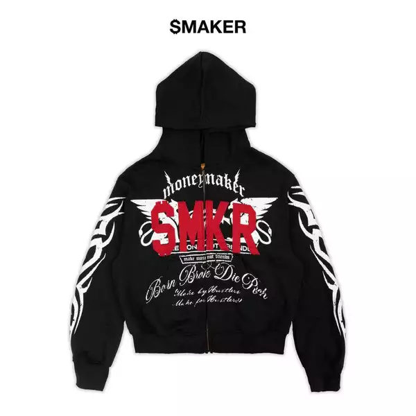 [SMAKER] Áo khoác zip dây kéo in hình màu đen có mũ 100% cotton - DIE RICH HOODIE IN BLACK