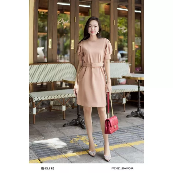 Đầm suông nâu tay xếp ly thiết kế Elise FF2308212DMWOBR