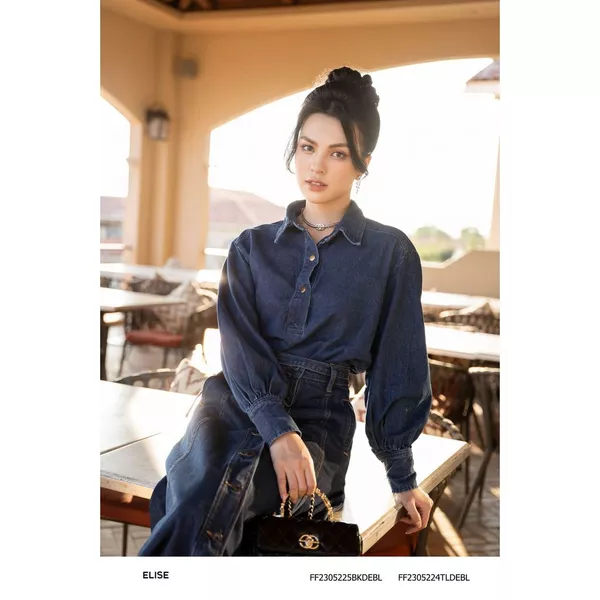 Áo jeans cổ đức nẹp đính logo thiết kế Elise FF2305224TLDEBL