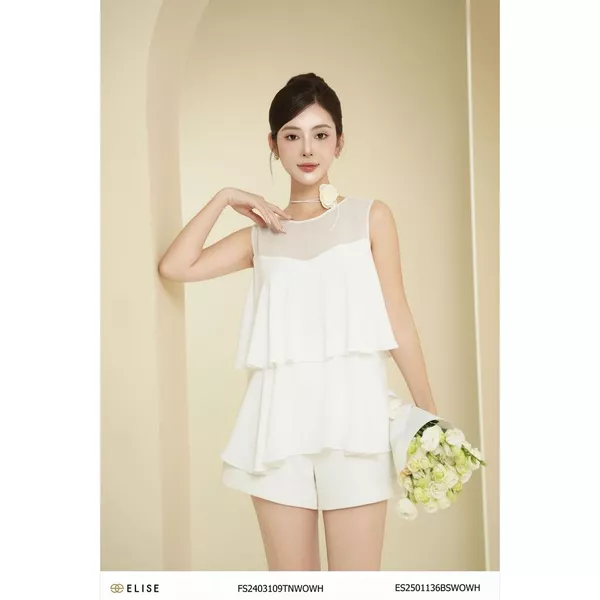 Áo trắng phối chiffon SN bèo tầng thiết kế Elise FS2403109TNWOWH