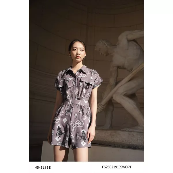 Jumpsuit ghi HT logo bướm tay lơ vê thiết kế Elise FS2502191JSWOPT