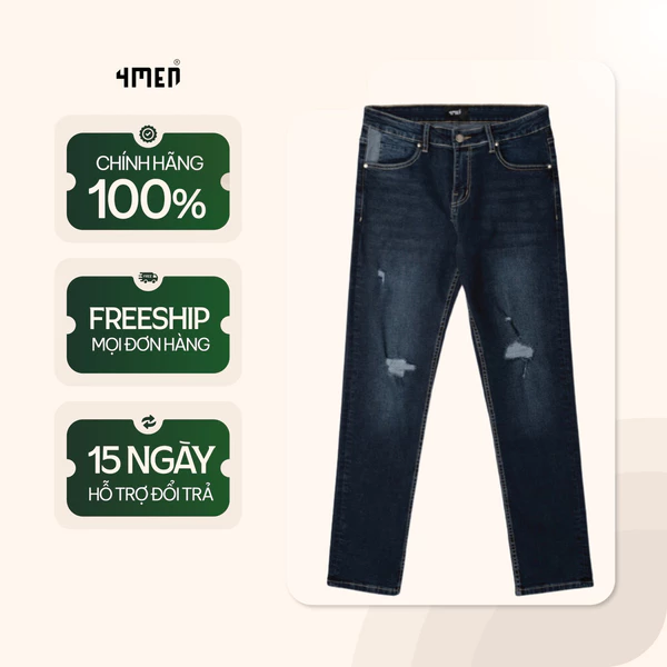 Quần Jean Nam form regular 4MEN QJ072 túi thêu, rách gối, vải cotton mềm mại, spandex co giãn